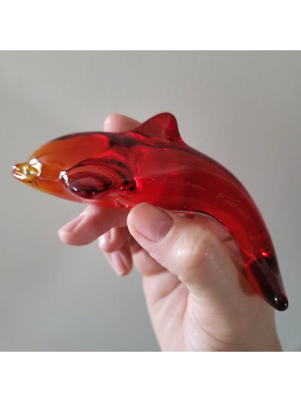 Vintage Daum France Red Cadmium Dolphin Figurine Signed Glows Under UV Light